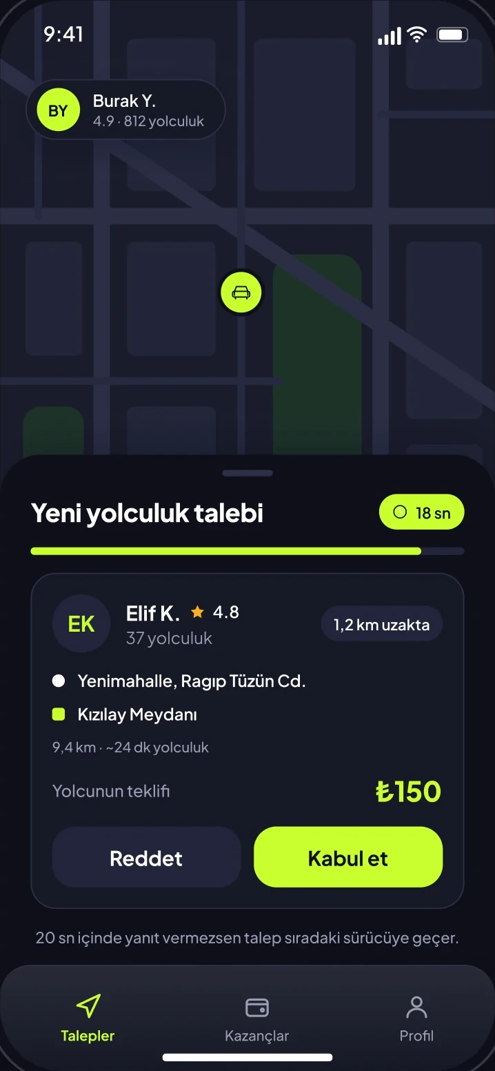 Kervan Sürücü: yeni yolculuk talebi ekranı